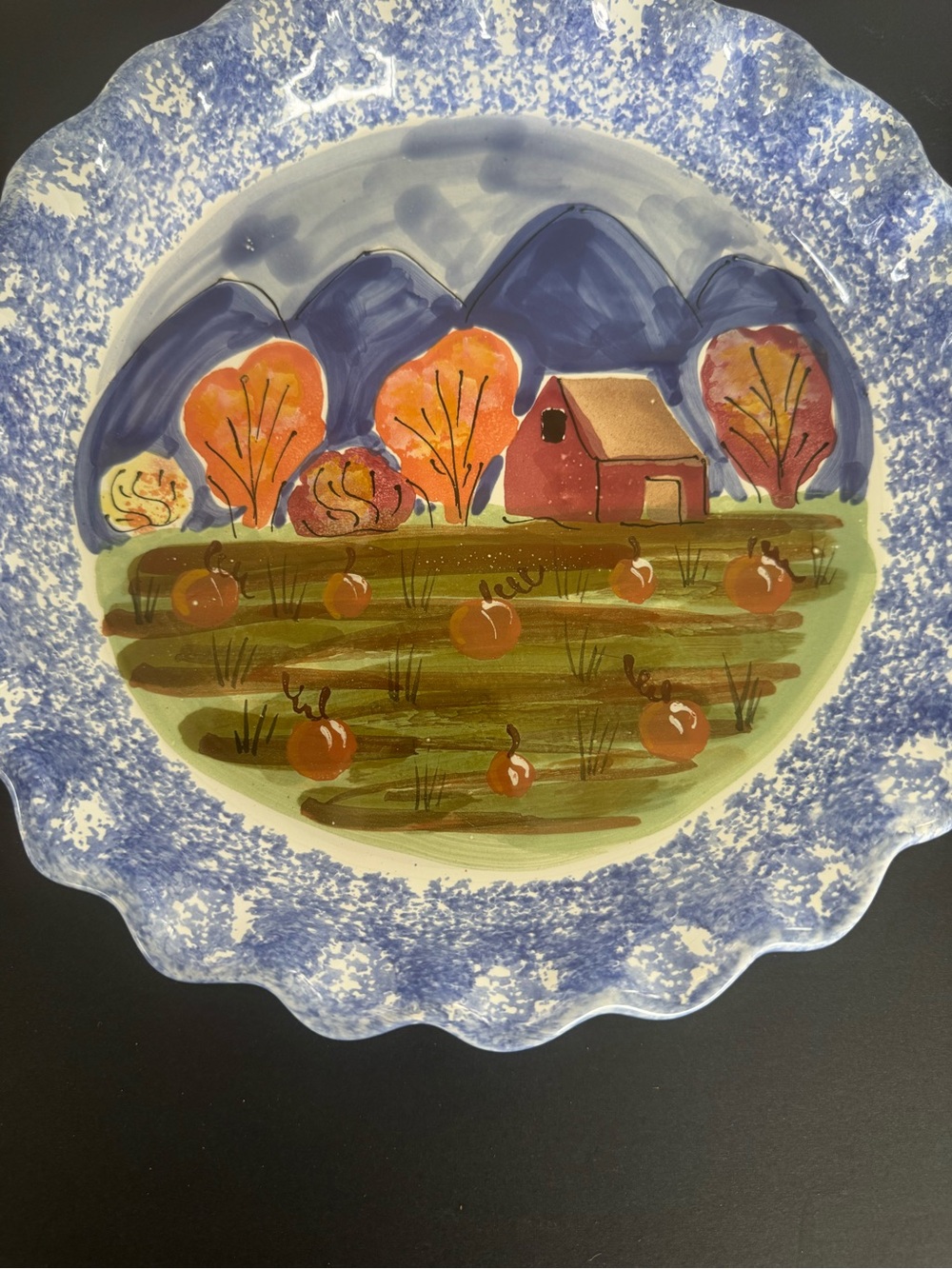 Hand-Painted Autumn Farm Decorative Plate - Blue Border